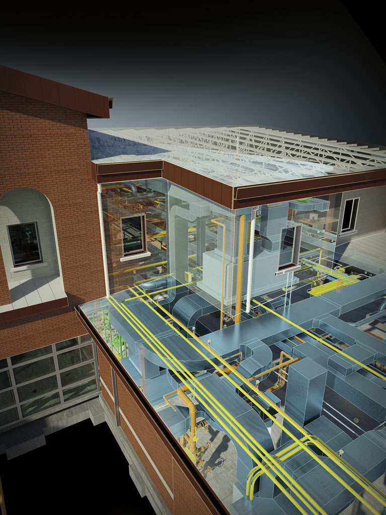 AutoCAD Revit MEP Suite 2012 hero image. CAPTION REQUIRED (see Marketing Guidelines Site for caption usage details) CAPTION: Rendering of a Warriors in Transition facility, highlighting MEP systems. AutoCAD(R) Revit(R) MEP Suite and Autodesk(R) 3ds Max(R) software products were used in the design process. Courtesy of TME, Inc., and Corgan Associates.